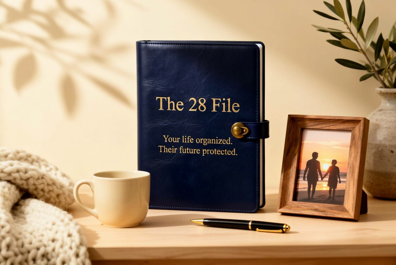 The 28 File journal — a navy leather binder with gold lettering on a wooden desk, beside a family photo and cream mug